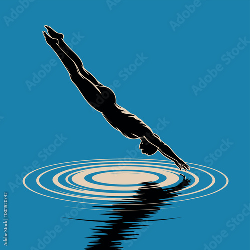 A silhouette of a diver gracefully plunging into the blue water, creating ripples.