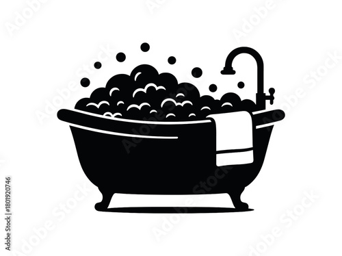 Bathtub with bubbles and towel no face black silhouette with faucet and foam lines calm selfcare vector