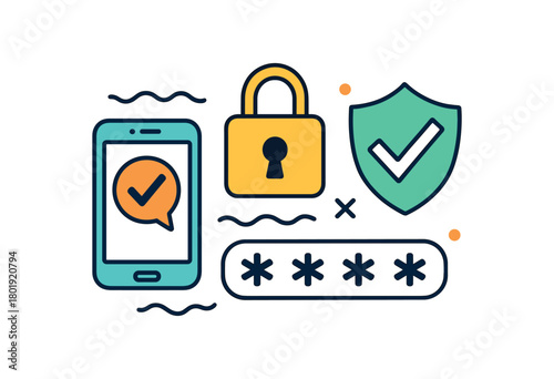 Cybersecurity digital privacy flat vector illustration collection of cute security icons multifactor login: phone padlock shield tick waves dots arranged horizontal composition handdrawn