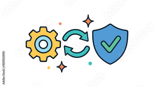 Cybersecurity digital privacy flat vector illustration collection of cute security icons software update: gear arrow circle shield tick spark trails dots arranged horizontal composition