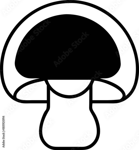 Black and white minimalist vector illustration of a mushroom, featuring a solid dark cap and stem, perfect for design projects