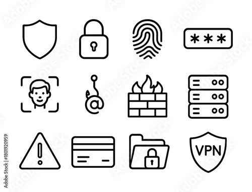 Cybersecurity icons featuring shield, lock, fingerprint, and firewall symbols for secure online protection