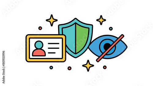 Cybersecurity digital privacy flat vector illustration collection of cute security icons identity protection: ID card blank shield eye with slash stars dots arranged horizontal composition