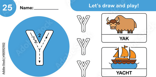 Letter y tracing worksheet for kids learning alphabet y is for yak