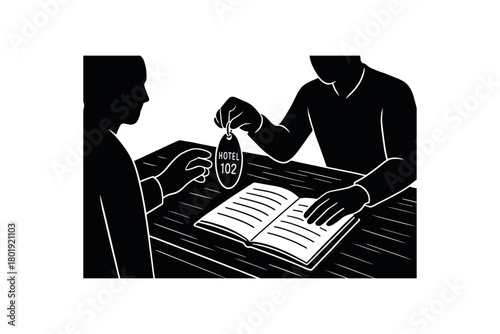 Hotel key on desk with notebook no face black silhouettes with tag and paper line accents checkin scene
