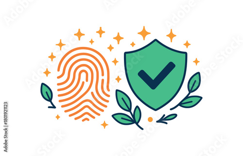 Cybersecurity digital privacy flat vector illustration collection of cute security icons biometric unlock: fingerprint shield tick stars spark dots leaves arranged horizontal composition