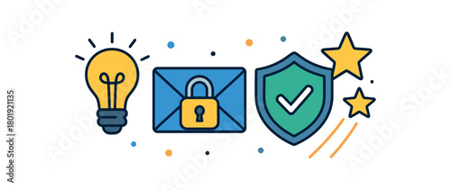 Cybersecurity digital privacy flat vector illustration collection of cute security icons awareness training: lightbulb envelope shield trails dots arranged horizontal composition handdrawn