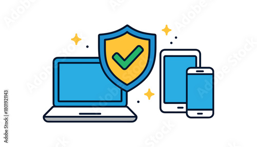 Cybersecurity digital privacy flat vector illustration collection of cute security icons device management: laptop tablet phone shield tick spark dots arranged horizontal composition