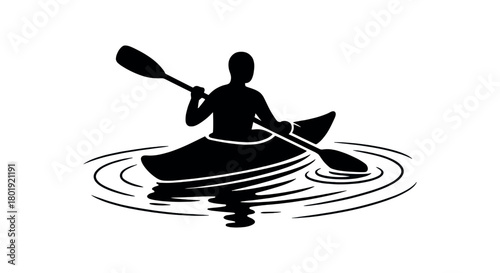 Kayak floating on calm water no face black silhouette with paddle and ripple lines flat quiet exploration vector
