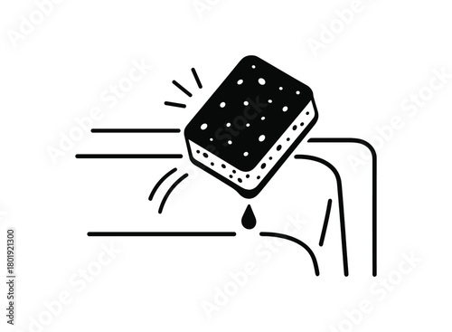 Sponge falling from sink edge no face black silhouette with drip and shape line accents flat everyday scene