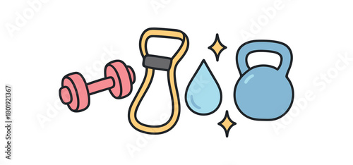 Health wellness UI flat vector illustration collection of cute wellbeing icons dumbbell resistance band kettlebell sweat droplet sparkles arranged horizontal composition handdrawn outlines
