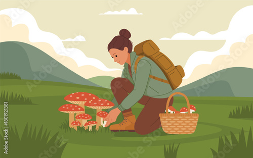 Woman foraging for mushrooms in a field with a basket full of mushrooms