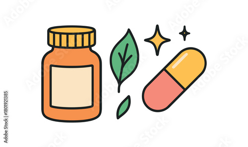 Health wellness UI flat vector illustration collection of cute wellbeing icons vitamins: bottle with blank label capsule icon leaf stars arranged horizontal composition handdrawn outlines