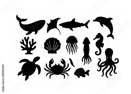 Silhouette collection of marine creatures: whale, shark, dolphin, and more