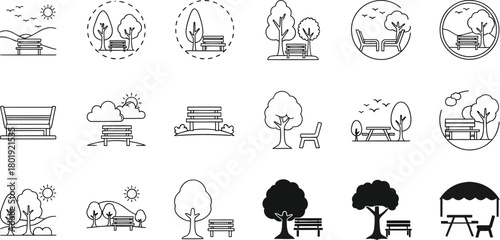 Park bench vector icons set outdoor furniture line art illustrations eps silhouette