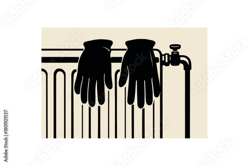 Gloves drying on radiator no face black silhouettes with fabric shape and curve lines calm tidy moment