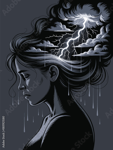 Stormy Thoughts A Woman's Head Filled with Clouds and Lightning