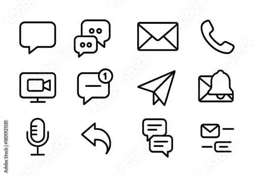 Communication icons set: chat, email, phone, video, notification, microphone, arrow, paper plane