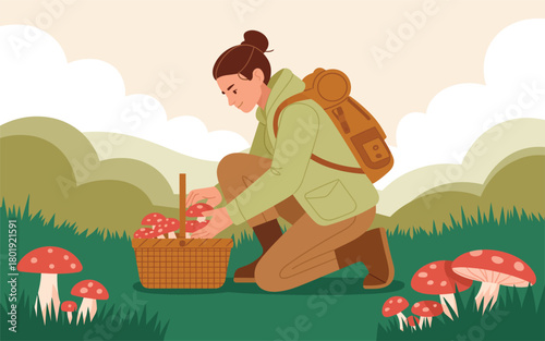 Woman foraging for mushrooms in a forest clearing, illustrated in a flat vector style