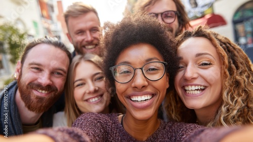 Diverse Group of Happy Young Adults Taking Selfie Outdoor in Urban Setting