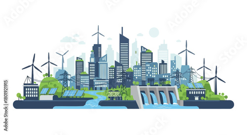 Modern city skyline powered by renewable energy sources including wind turbines and hydroelectric dam