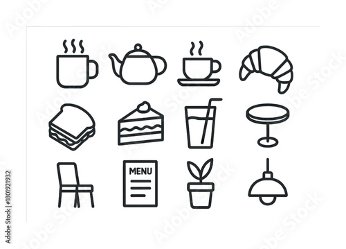 Cafe icons set: coffee, tea pot, snack, drink, furniture, decor elements