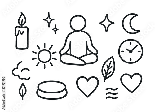 Meditation and wellness symbols: zen sitting figure, candle, moon, sun, hearts, leaves, clock