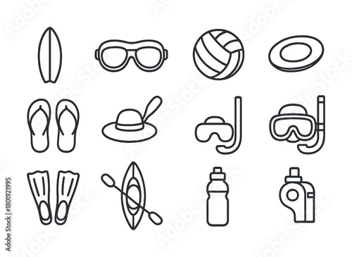 Outline icons of summer water sports and beach accessories