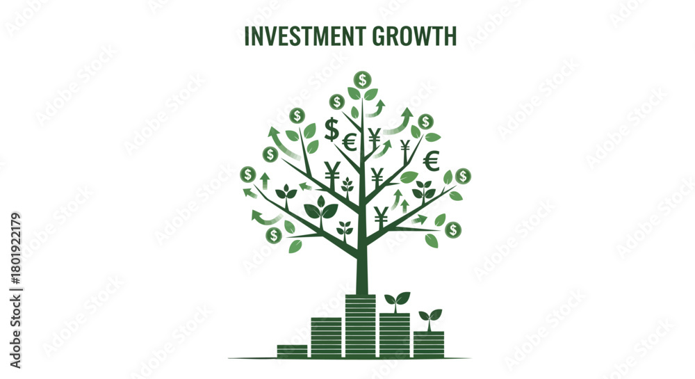 Obraz premium Conceptual illustration of a money tree symbolizing investment growth and financial success with currency symbols on branches