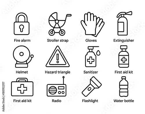 Essential emergency tools and safety equipment icons collection