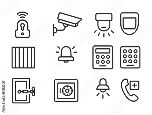 Security icons: cctv, alarm, safe, keypad, lock, shield, surveillance