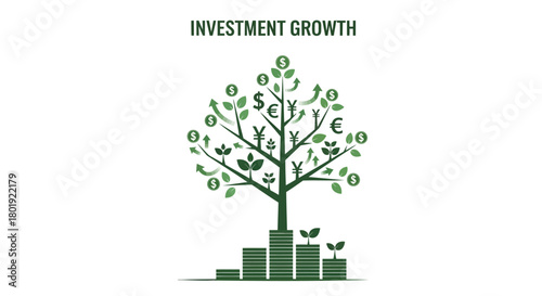 Conceptual illustration of a money tree symbolizing investment growth and financial success with currency symbols on branches