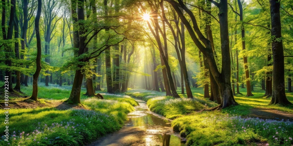 Obraz premium Serene Woodland Stream at Dawn, Sunlight Filtering Through Lush Green Canopy, Illuminating Path and Wildflowers
