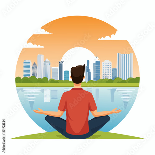 back view, independence solitude lifestyle, peaceful concept, man sitting alone on riverbank enjoy sunset cityscape