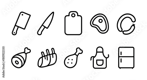Outline icons of kitchen tools and meats including knife and cutting board