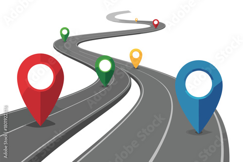 Road map with location pins on a winding path