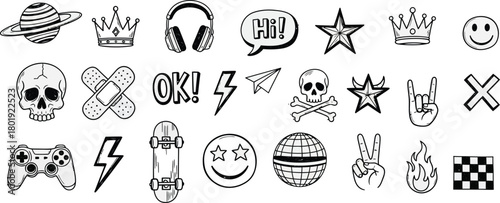 Collection of grunge style black and white tattoo flash art elements