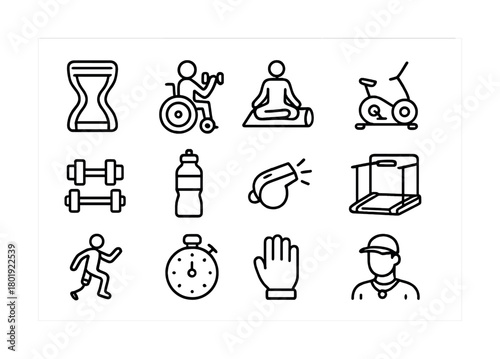 Fitness icons set including wheelchair user, yoga pose, exercise equipment, and sports symbols