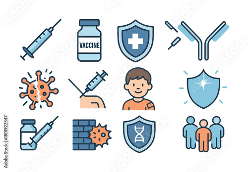 Vaccination and immunity icons including child, vaccine, virus, and shield representations