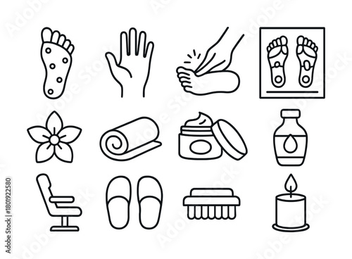 Foot spa icons set: massage, relaxation, candle, lotion, slippers illustration