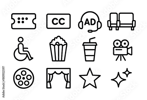 Cinema accessibility icons: subtitles, wheelchair access, popcorn, beverages, and more