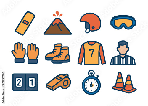 Sports equipment and apparel icons featuring snowboard helmet and stopwatch