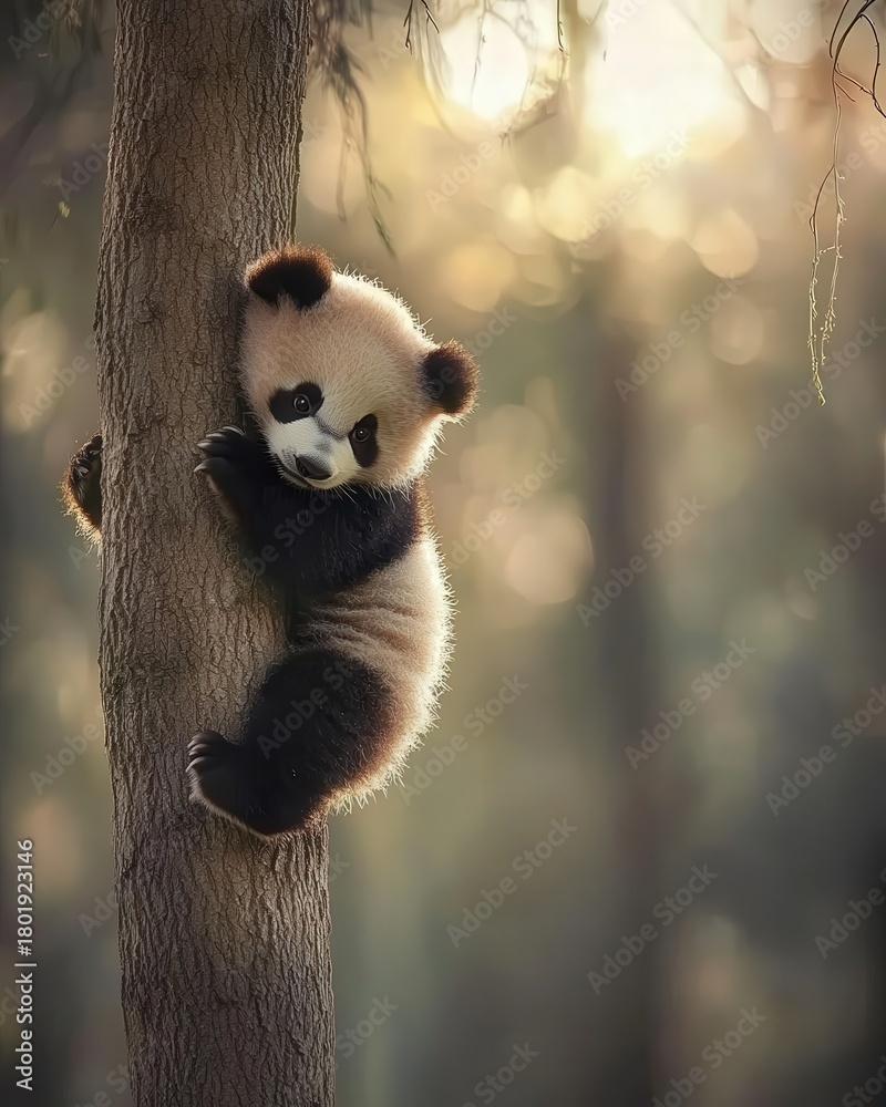 Fototapeta premium A panda cub climbing a tree with a playful expression, soft sunlight filtering through