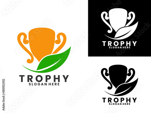 Trophy with leaves logo design vector template. Trophy nature logo design vector template