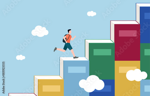 A student running up a staircase made of books, symbolizing the pursuit of knowledge and academic achievement. It represents the journey of learning and the effort required to reach educational goals.