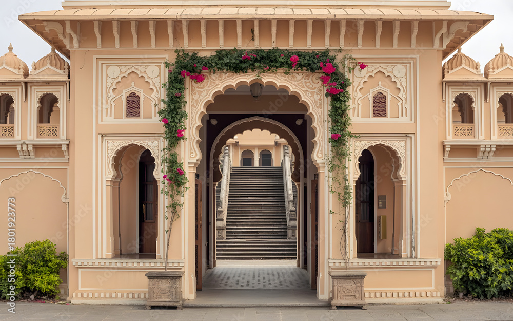 Obraz premium Mysore Royal Archway Backdrop with Intricate Carvings, Bougainvillea and Polished Stone Steps