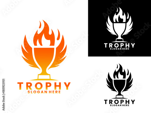 Trophy with fire and wings logo design vector template. Elegant trophy logo design vector template