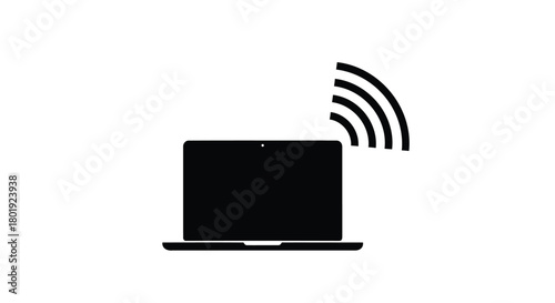 Simple black silhouette of an open laptop computer with a wifi signal emanating from the screen