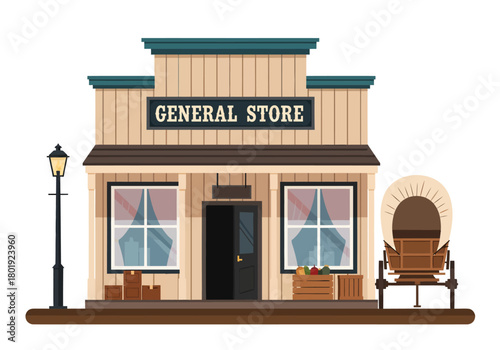 A vector illustration of a classic Wild West general store facade, featuring a covered wagon and an old-fashioned street lamp, isolated on a white background.