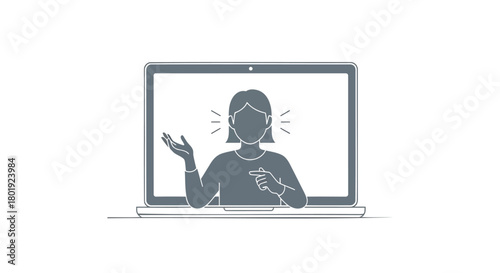 Businesswoman communicating remotely on laptop screen with audio waves and hand gesture